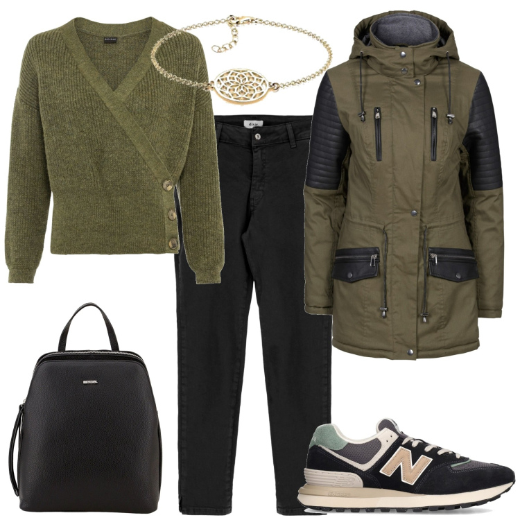 Outfit donna - City. Stile Casual chic per Tutti i giorni. Abbinamento con maglieria, parka, zaini, jeans slim fit, sneakers, braccialetti.