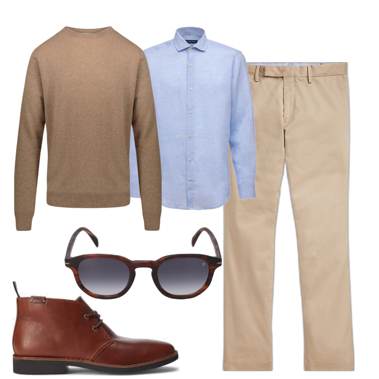 Outfit uomo - Ufficio. Stile Business/Elegante per Ufficio. Abbinamento con pantaloni chino, stivali e stivaletti, maglieria, occhiali da sole, camicie.