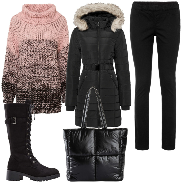 Outfit donna - Bonprix saldi invernali. Stile Basic per Serata fuori. Abbinamento con giacche, stivali, maglieria, jeggings, shopping bag.