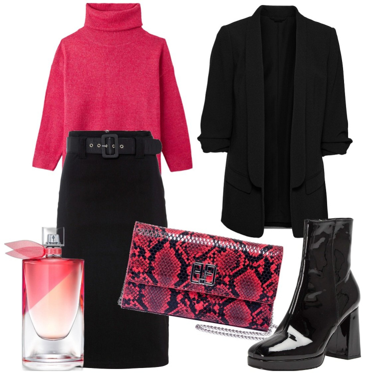Outfit donna - La borsa glamour. Stile Casual chic per Tutti i giorni. Abbinamento con blazer, gonne longuette, profumi, maglieria, stivaletti, pochette.