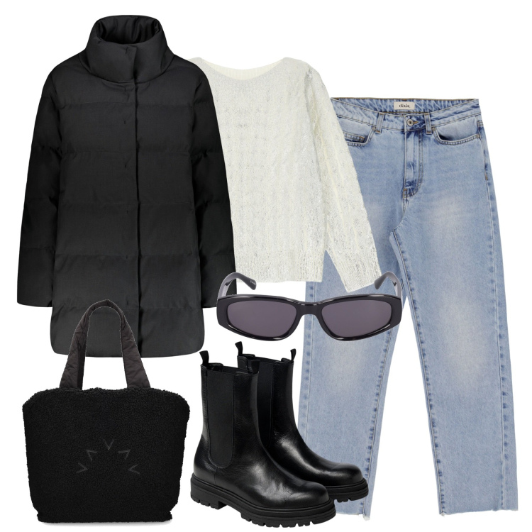 Outfit donna - City. Stile Casual chic per Tutti i giorni. Abbinamento con maglieria, jeans dritti, piumini, stivaletti chelsea, shopping bag, occhiali da sole.