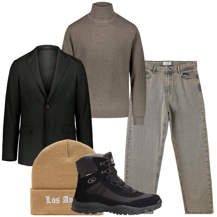 Outfit uomo - Inverno. Stile Urban per Tutti i giorni. Abbinamento con stivali e stivaletti, jeans, berretti, giacche, maglieria.