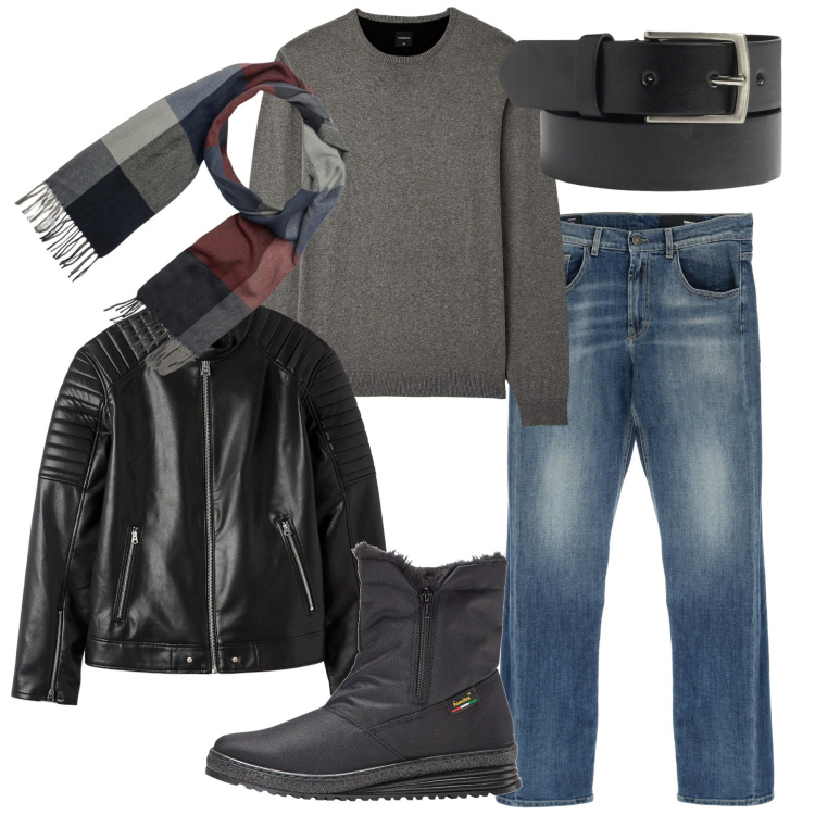 Outfit uomo - Inverno. Stile Biker Rock per Serata speciale. Abbinamento con stivali e stivaletti, maglieria, giacche, jeans dritti, cinture, sciarpe.