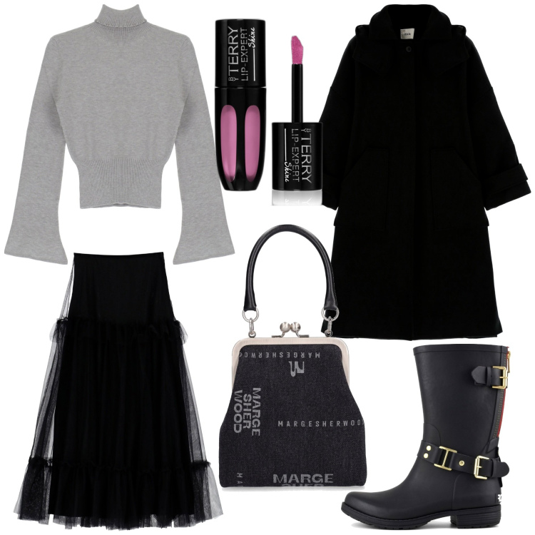 Outfit donna - Trendy con pioggia. Stile Trendy per Tutti i giorni. Abbinamento con rossetti, gonne lunghe, maglieria, cappotti, stivali, borse a mano.