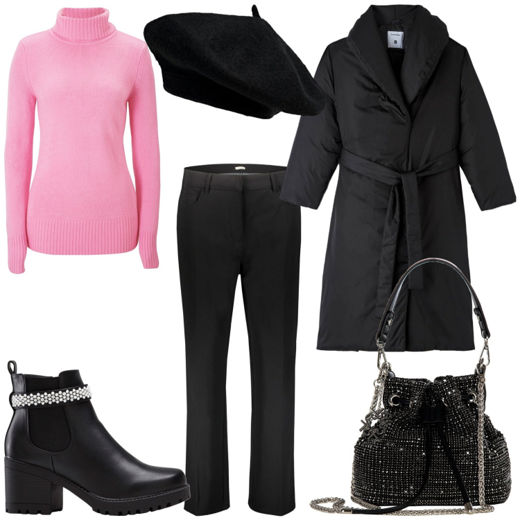 Outfit donna - Serata al cinema. Stile Casual chic per Serata fuori. Abbinamento con maglieria, stivaletti, piumini, borse a secchiello, pantaloni, cappelli e berretti.