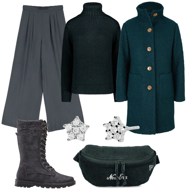 Outfit donna - Comoda e pratica. Stile Trendy per Tutti i giorni. Abbinamento con cappotti, stivali sopra il ginocchio, orecchini, pantaloni a palazzo, maglieria, marsupi.