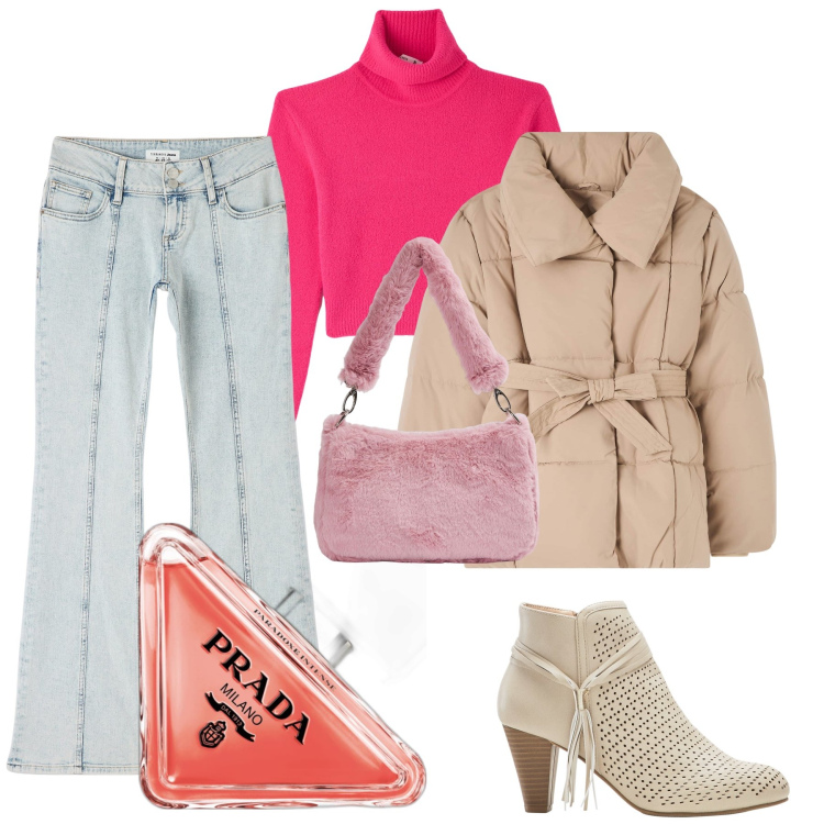 Outfit donna - Il pullover Pink. Stile Trendy per Tutti i giorni. Abbinamento con stivaletti, profumi, piumini, maglieria, borse a spalla, jeans a zampa.