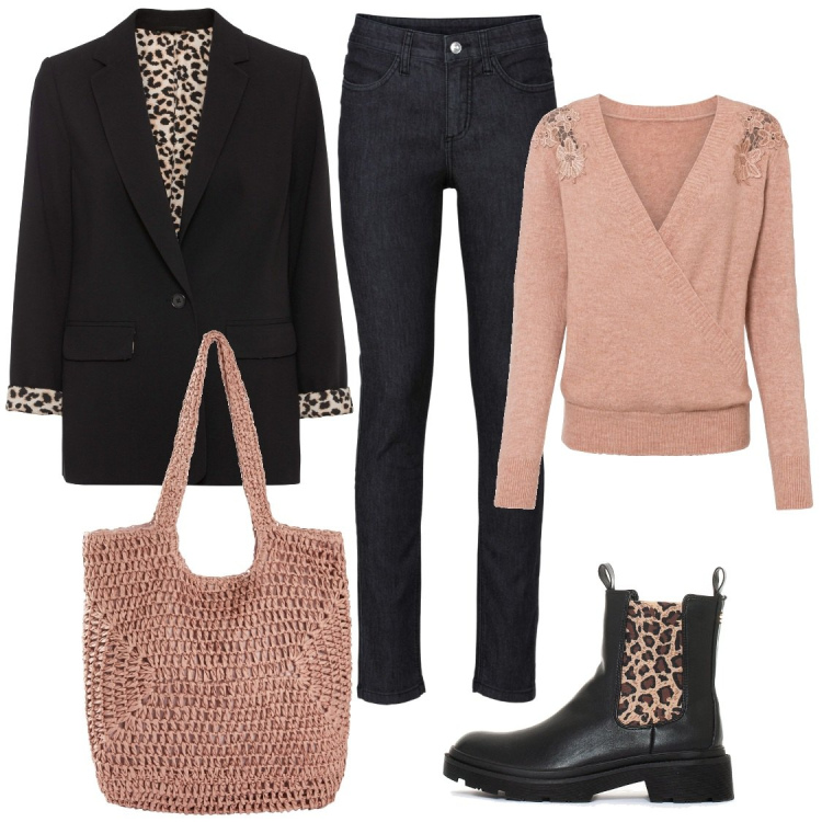 Outfit donna - La borsa rattan. Stile Casual per Tutti i giorni. Abbinamento con maglieria, blazer, jeans skinny, shopping bag, stivali sopra il ginocchio.