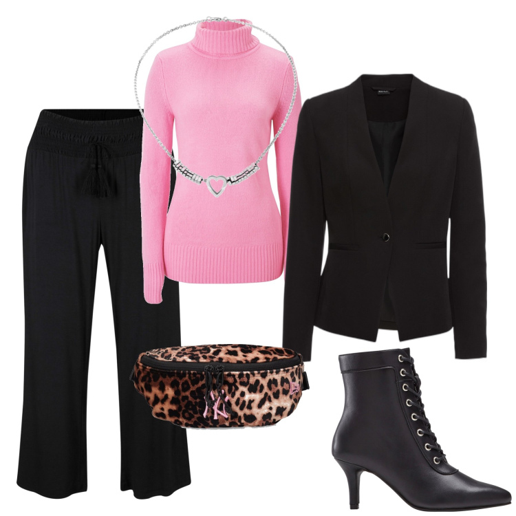Outfit donna - Elegante low-cost. Stile Casual chic per Serata fuori. Abbinamento con maglieria, blazer, stivaletti, pantaloni, ciondoli, marsupi.