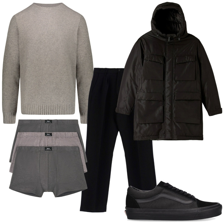 Outfit uomo - Total look #1801742. Stile Casual per Tutti i giorni. Abbinamento con boxer, parka, pantaloni, sneakers, maglieria.