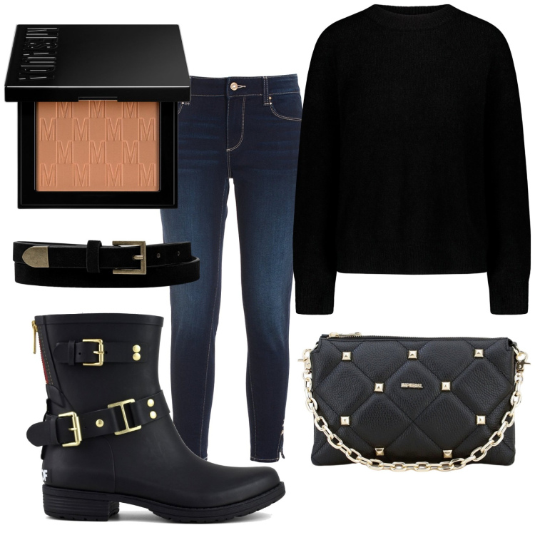 Outfit donna - Total look #1801747. Stile Trendy per Tutti i giorni. Abbinamento con ciprie, pochette, jeans skinny, stivali, maglieria, cinture.