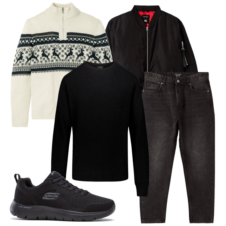 Outfit uomo - Inverno. Stile Urban per Tutti i giorni. Abbinamento con maglieria, sneakers, bomber, jeans, maglieria.