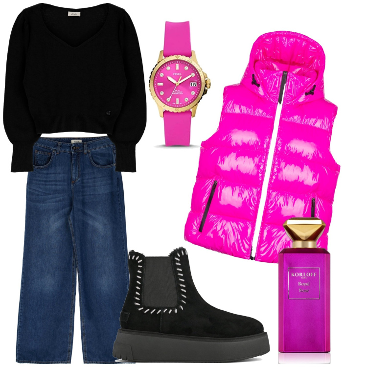 Outfit donna - Total look #1801752. Stile Urban per Tutti i giorni. Abbinamento con profumi, piumini, jeans, pullovers, orologi, stivaletti.