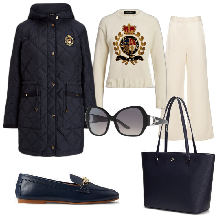 Outfit donna - A lavoro. Stile Casual chic per Tutti i giorni. Abbinamento con borse tote, mocassini, cappotti, occhiali da sole, maglieria, pantaloni.