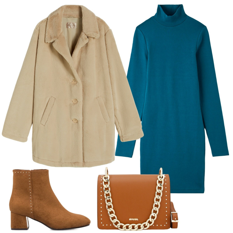 Outfit donna - Vestito e ankle boots. Stile Casual per Scuola/Università. Abbinamento con vestiti, pochette, cappotti, stivaletti.