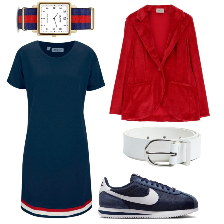 Outfit donna - Come Tommy...o quasi!. Stile Basic per Tutti i giorni. Abbinamento con vestiti, cinture, giacche, sneakers, orologi analogici.