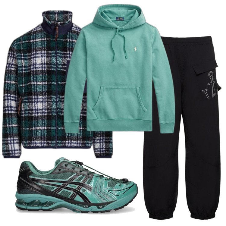 Outfit uomo - Total look #1801796. Stile Casual per Tutti i giorni. Abbinamento con felpe con cappuccio, cappotti, sneakers, pantaloni cargo.