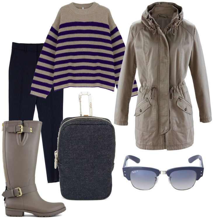 Outfit donna - Total look #1801815. Stile Trendy per Tutti i giorni. Abbinamento con parka, maglieria, pantaloni, stivali, pochette, occhiali da sole.
