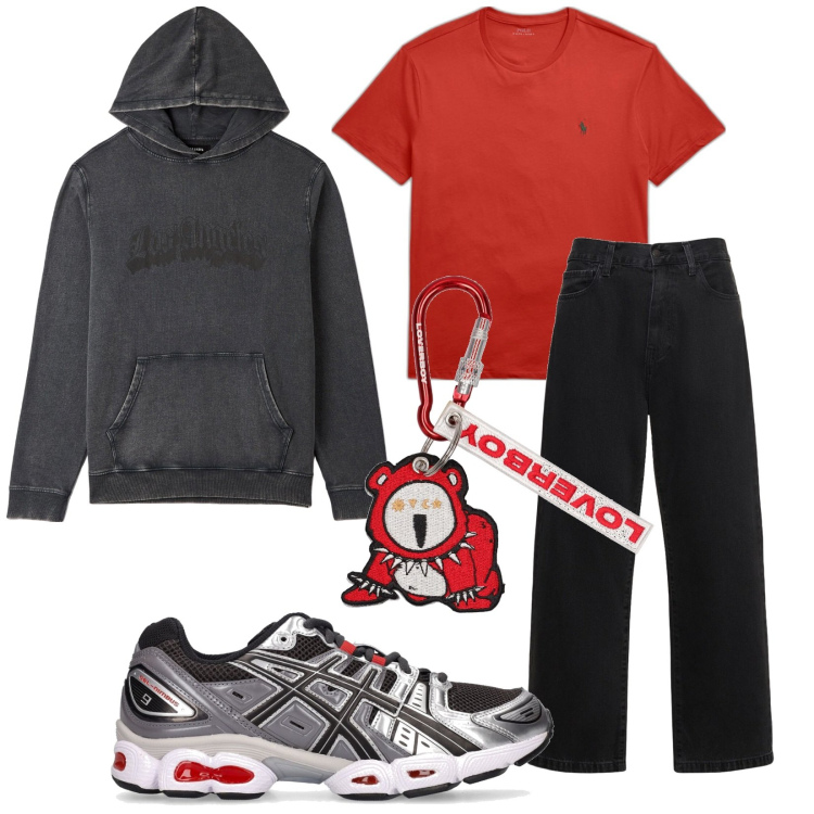 Outfit uomo - Total look #1801821. Stile Trendy per Tutti i giorni. Abbinamento con felpe con cappuccio, t-shirt, portachiavi, jeans, sneakers.