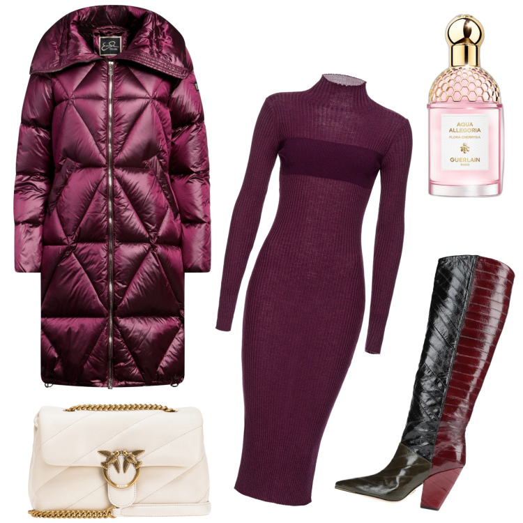 Outfit donna - Al caldo e fashion in viola. Stile Chic per Serata fuori. Abbinamento con piumini, stivali sopra il ginocchio, profumi, vestiti lunghi, borse a tracolla.