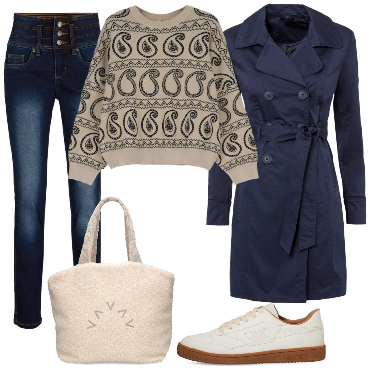 Outfit donna - In blu e panna. Stile Trendy per Tutti i giorni. Abbinamento con trench, jeans slim fit, maglieria, sneakers, shopping bag.