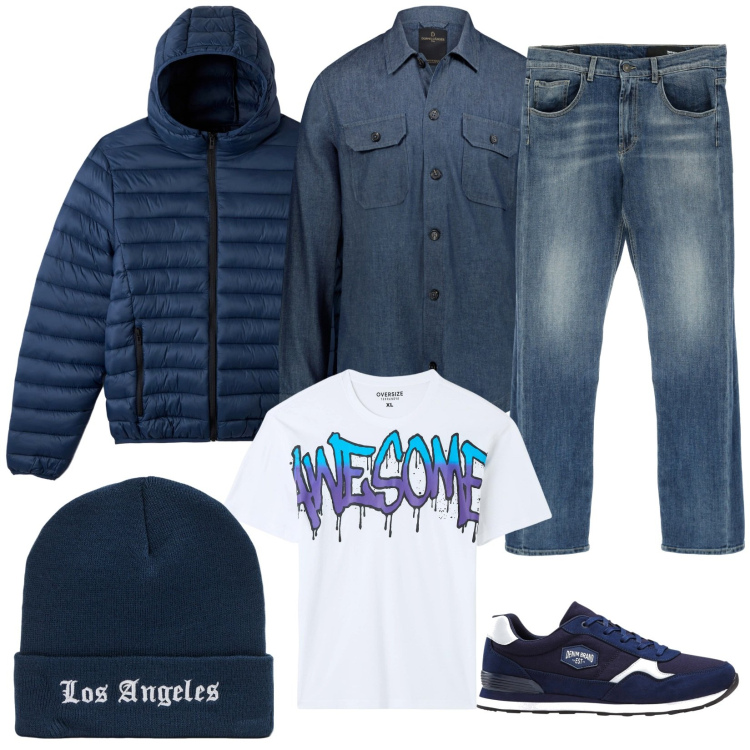 Outfit uomo - Urban in blu. Stile Urban per Tutti i giorni. Abbinamento con sneakers, t-shirt, cappotti, berretti, jeans dritti, camicie.