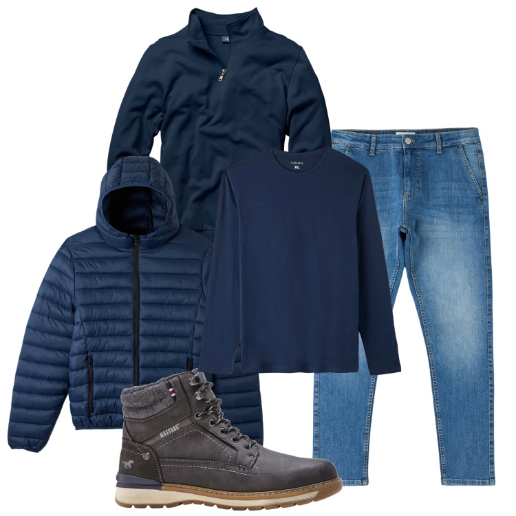 Outfit uomo - Inverno. Stile Casual per Tutti i giorni. Abbinamento con felpe, stivali e stivaletti, jeans skinny, cappotti, t-shirt.