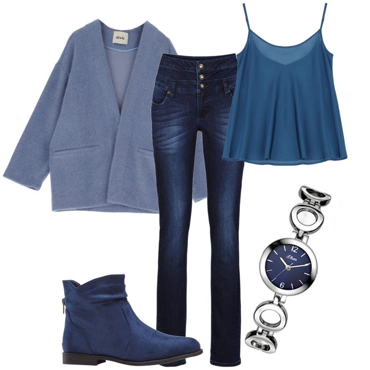 Outfit donna - Blu. Stile Casual per Tutti i giorni. Abbinamento con stivaletti, jeans skinny, top, cappotti, orologi.