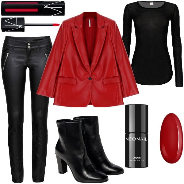 Outfit donna - Il Blazer Rosso in Ecopelle. Stile Trendy per Serata fuori. Abbinamento con pantaloni, rossetti, smalti, maglieria, cappotti, stivaletti.