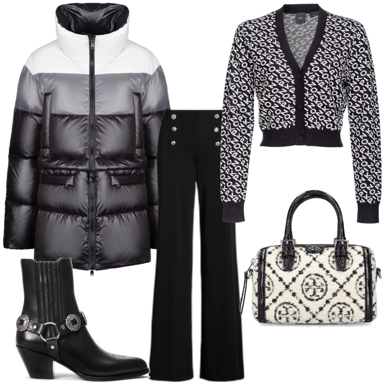 Outfit donna - Outfit tempo libero o professionale. Stile Casual chic per Ufficio. Abbinamento con cardigans, piumini, pantaloni, stivaletti texani, borse a mano.