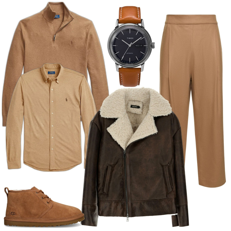 Outfit uomo - Originale e chic a pranzo fuori. Stile Trendy per Serata speciale. Abbinamento con cappotti, camicie, maglieria, pantaloni, scarpe stringate, orologi analogici.