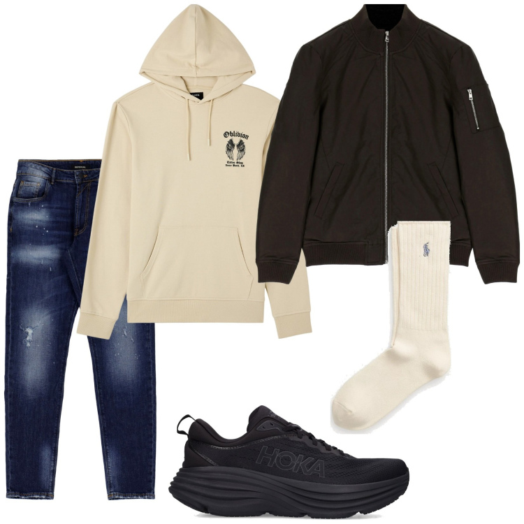 Outfit uomo - Total look #1801955. Stile Casual per Tutti i giorni. Abbinamento con felpe con cappuccio, jeans slim fit, cappotti, calzini, sneakers.