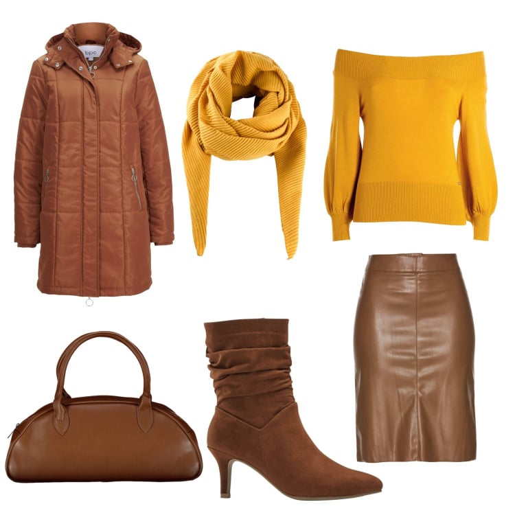 Outfit donna - Milk chocolate e giallo caldo. Stile Trendy per Serata fuori. Abbinamento con gonne longuette, foulard, cappotti, stivaletti, maglieria, borse a spalla.