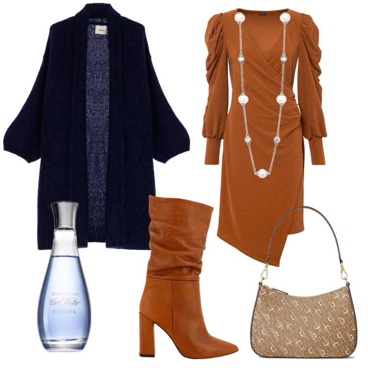 Outfit donna - Trendy 2024. Stile Trendy per Serata fuori. Abbinamento con vestiti, profumi, collane, stivali, borse a spalla, cardigans.
