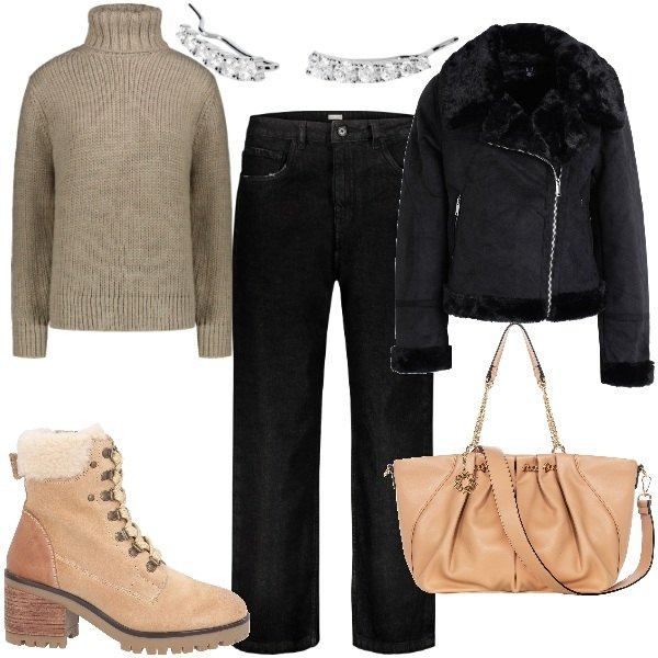 Outfit donna - Resta al caldo. Stile Casual chic per Tutti i giorni. Abbinamento con cappotti, stivaletti, orecchini, borse a spalla, jeans, maglieria.