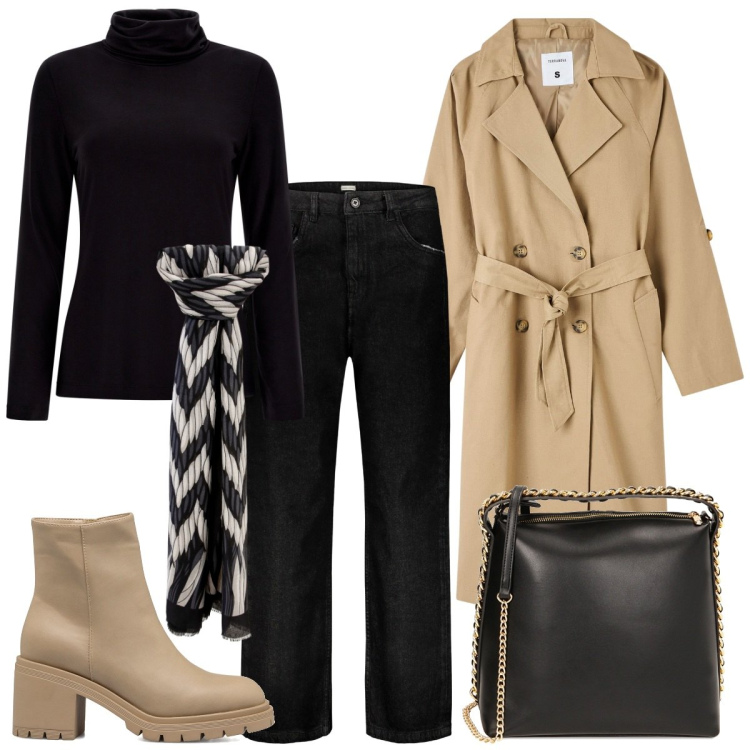 Outfit donna - British style. Stile Casual chic per Ufficio. Abbinamento con foulard, maglieria, borse a mano, stivaletti, jeans, trench.