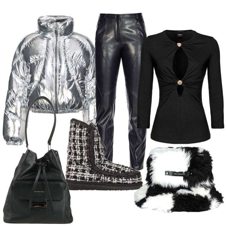 Outfit donna - Ice black and white. Stile Glamour per Tutti i giorni. Abbinamento con stivaletti, cappelli, borse a secchiello, maglieria, piumini, pantaloni.