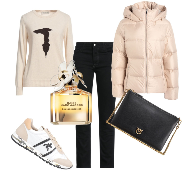 Outfit donna - Al caldo con stile. Stile Casual per Tutti i giorni. Abbinamento con piumini, sneakers, jeans slim fit, pullovers, profumi, borse a tracolla.
