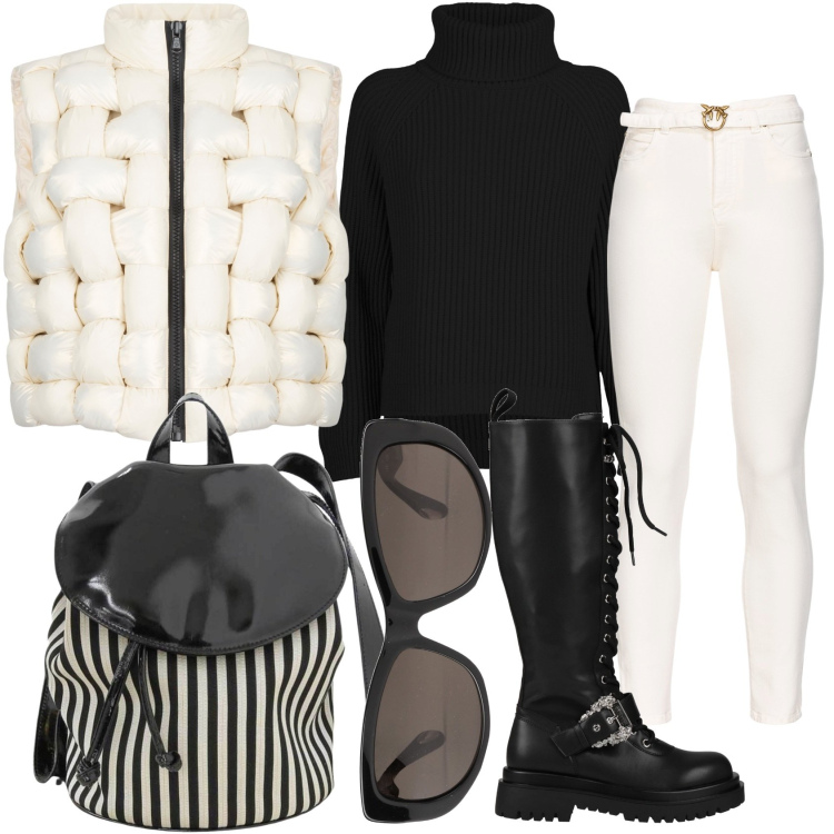 Outfit donna - Minimal winter. Stile Minimal per Tutti i giorni. Abbinamento con stivali, zaini, occhiali da sole, pantaloni, piumini, maglieria.