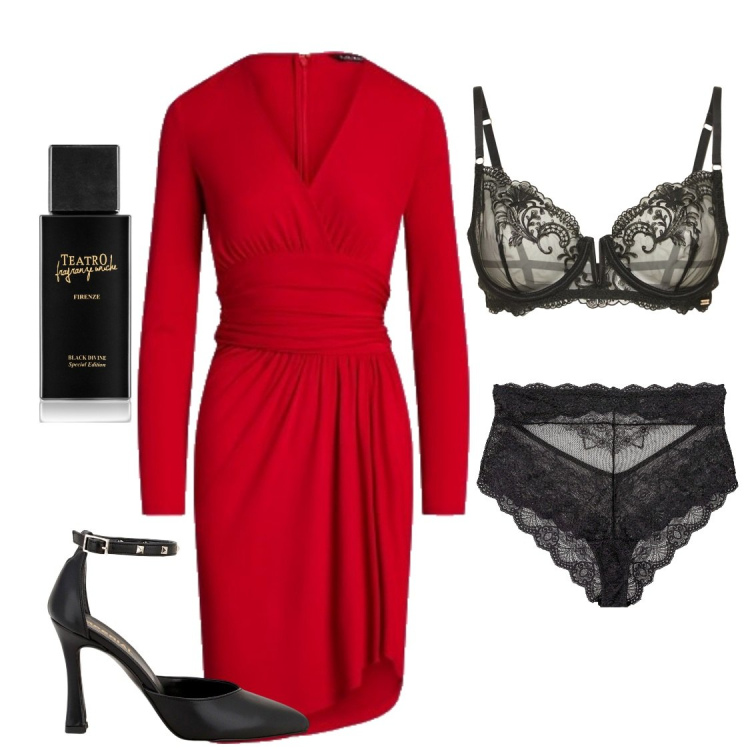 Outfit donna - A teatro. Abbinamento con culotte, profumi, décolleté, vestiti asimmetrici, reggiseni.