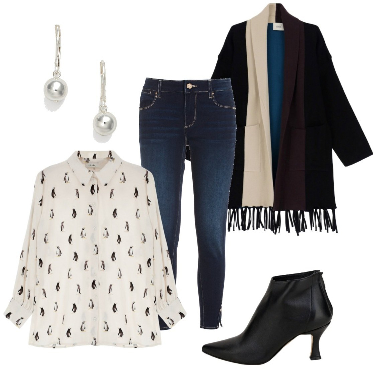 Outfit donna - Pinguini sulla camicia. Stile Casual chic per Tutti i giorni. Abbinamento con jeans skinny, camicie, stivaletti, cappotti, orecchini.