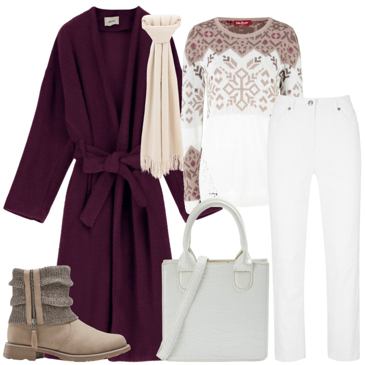 Outfit donna - Il cappotto amaranto. Stile Casual chic per Tutti i giorni. Abbinamento con pantaloni, maglieria, stivaletti, shopping bag, sciarpe, cappotti.