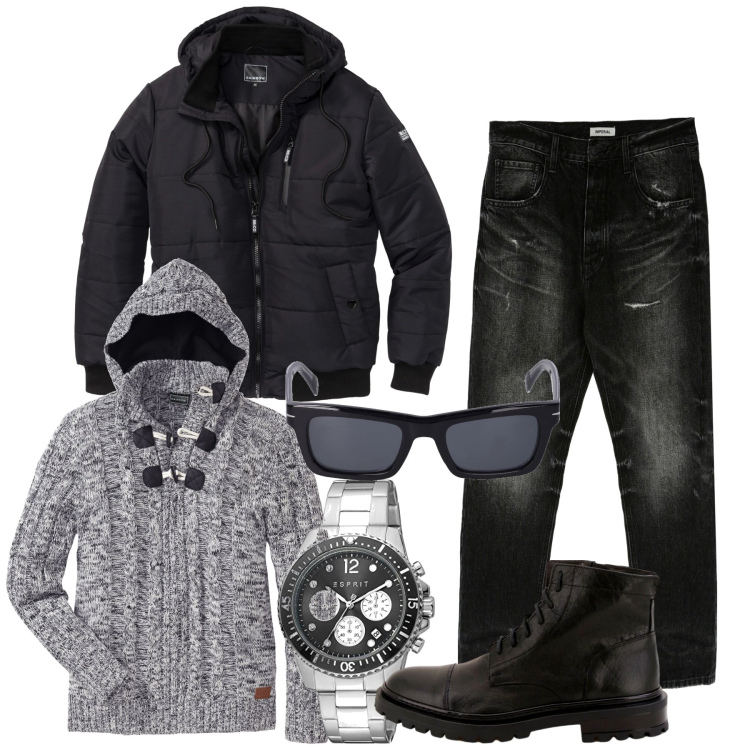 Outfit uomo - City. Stile Casual per Tutti i giorni. Abbinamento con maglieria, giacche, jeans slim fit, scarpe stringate, occhiali da sole, orologi.