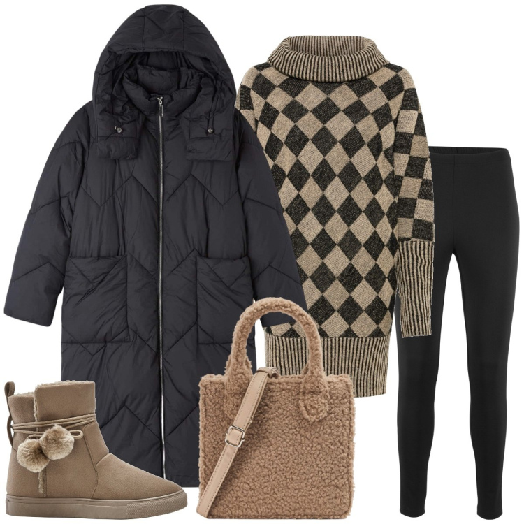 Outfit donna - Scacchi. Stile Casual per Tutti i giorni. Abbinamento con leggings, maglieria, stivaletti, blazer, shopping bag.
