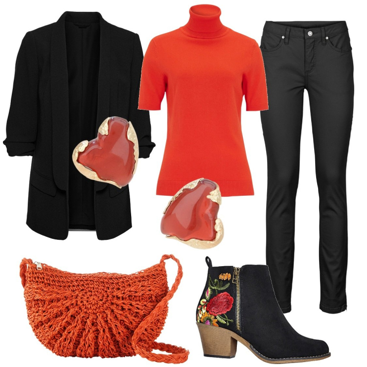 Outfit donna - Il dolcevita arancione. Stile Casual chic per Tutti i giorni. Abbinamento con jeans skinny, stivaletti, blazer, maglieria, borse a tracolla, orecchini.