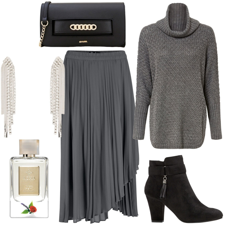 Outfit donna - Total look #1802030. Stile Casual chic per Tutti i giorni. Abbinamento con gonne, stivaletti, maglieria, profumi, pochette, orecchini.