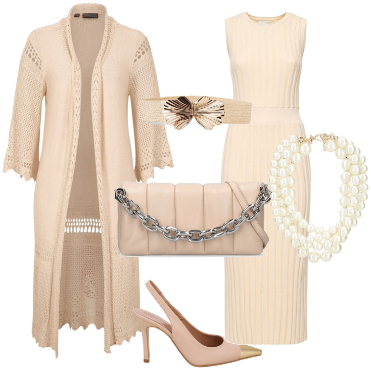 Outfit donna - Per una sera a cena. Stile Casual chic per Serata fuori. Abbinamento con cardigans, cinture, collane, décolleté, vestiti, borse a spalla.