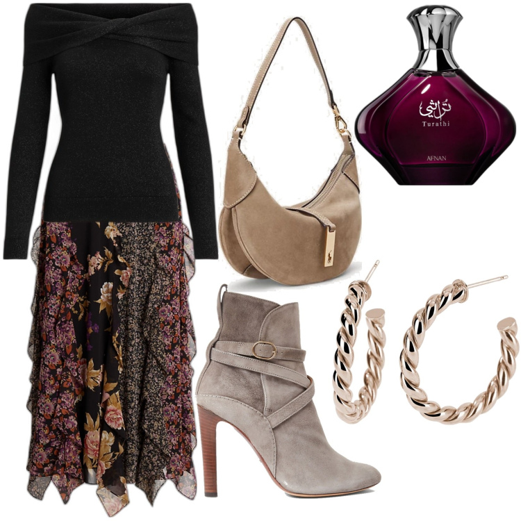 Outfit donna - Ralph Lauren. Stile Boho per Tutti i giorni. Abbinamento con profumi, orecchini, borse a spalla, gonne longuette, stivaletti, maglieria.