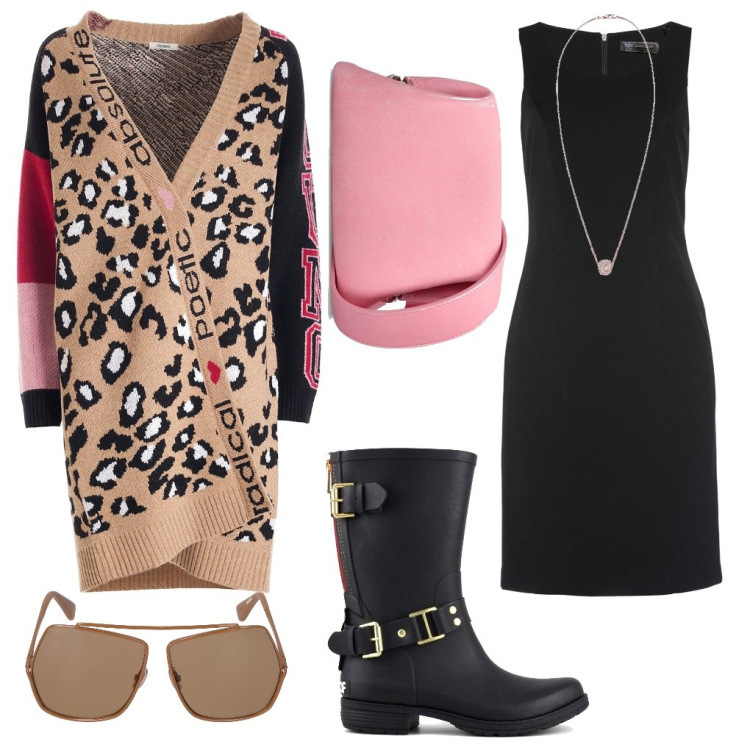 Outfit donna - Un tubino nero. Stile Trendy per Tutti i giorni. Abbinamento con vestiti a tubino, cardigans, stivali, borse a spalla, occhiali da sole, ciondoli.