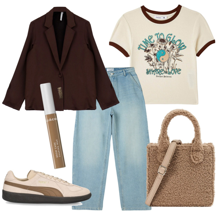 Outfit donna - Total look #1802063. Stile Casual per Tutti i giorni. Abbinamento con mascara, jeans, t-shirt, shopping bag, giacche, sneakers.